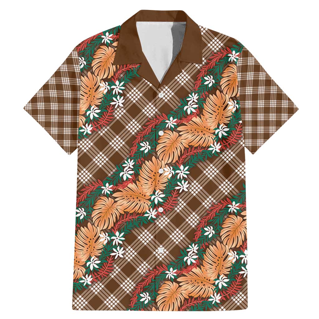 Polynesian Monstera Tiare Floral Family Matching Mermaid Dress and Hawaiian Shirt Chocolate Brown Tropical Plaid LT01 Dad's Shirt - Short Sleeve Brown - Polynesian Pride