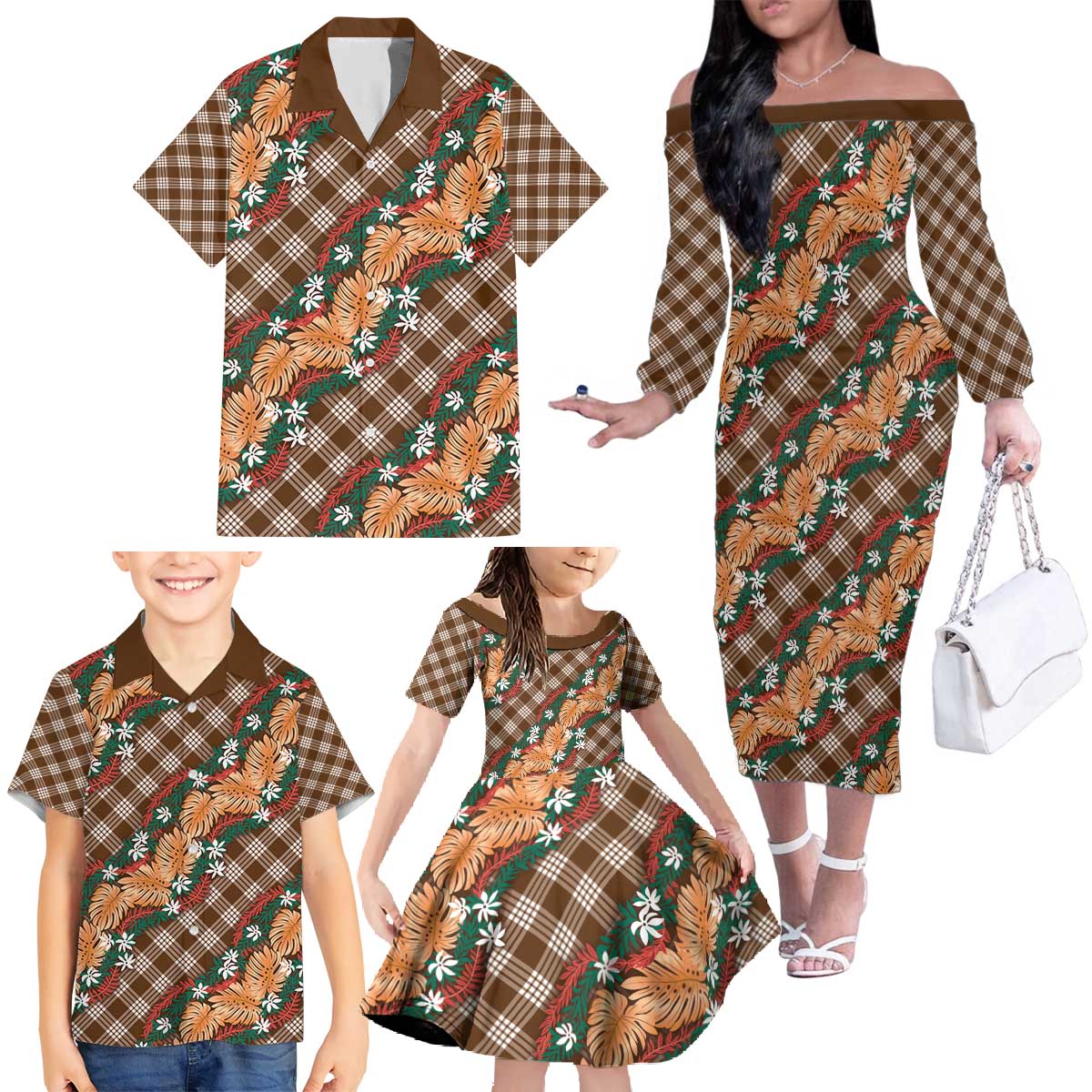 Polynesian Monstera Tiare Floral Family Matching Off The Shoulder Long Sleeve Dress and Hawaiian Shirt Chocolate Brown Tropical Plaid LT01 - Polynesian Pride