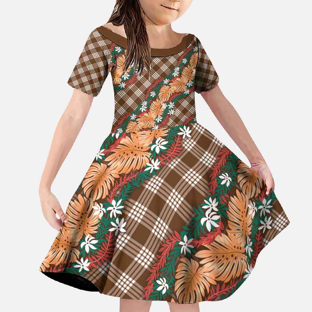 Polynesian Monstera Tiare Floral Family Matching Off Shoulder Maxi Dress and Hawaiian Shirt Chocolate Brown Tropical Plaid LT01 Daughter's Dress Brown - Polynesian Pride