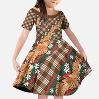 Polynesian Monstera Tiare Floral Family Matching Off Shoulder Maxi Dress and Hawaiian Shirt Chocolate Brown Tropical Plaid LT01 Daughter's Dress Brown - Polynesian Pride