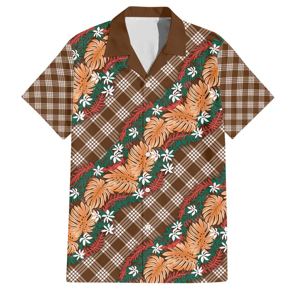 Polynesian Monstera Tiare Floral Family Matching Off Shoulder Maxi Dress and Hawaiian Shirt Chocolate Brown Tropical Plaid LT01 Dad's Shirt - Short Sleeve Brown - Polynesian Pride