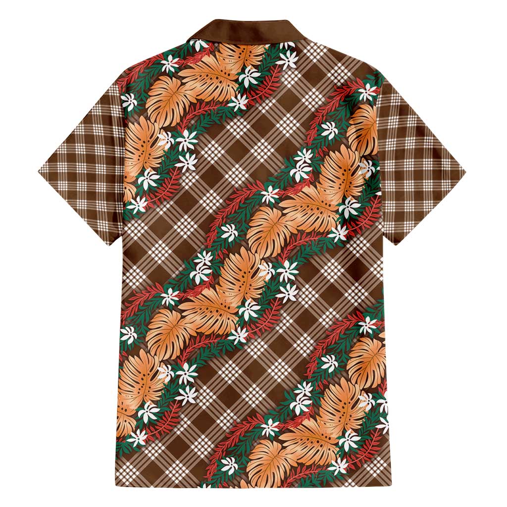 Polynesian Monstera Tiare Floral Family Matching Off Shoulder Short Dress and Hawaiian Shirt Chocolate Brown Tropical Plaid LT01 - Polynesian Pride
