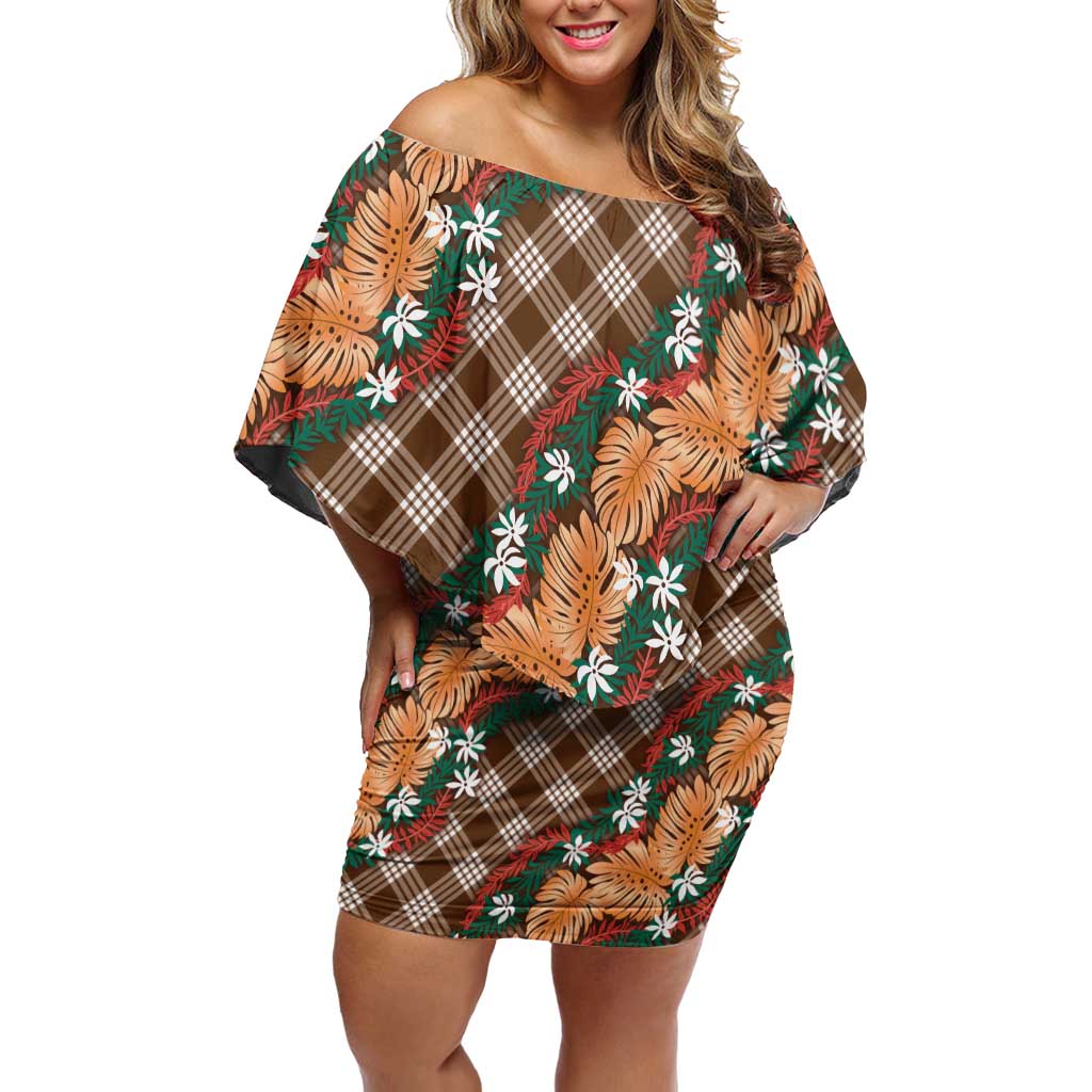 Polynesian Monstera Tiare Floral Family Matching Off Shoulder Short Dress and Hawaiian Shirt Chocolate Brown Tropical Plaid LT01 Mom's Dress Brown - Polynesian Pride