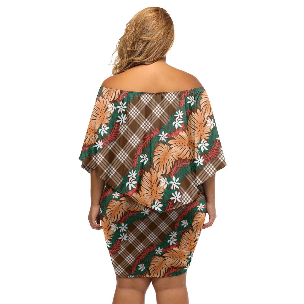 Polynesian Monstera Tiare Floral Family Matching Off Shoulder Short Dress and Hawaiian Shirt Chocolate Brown Tropical Plaid LT01 - Polynesian Pride