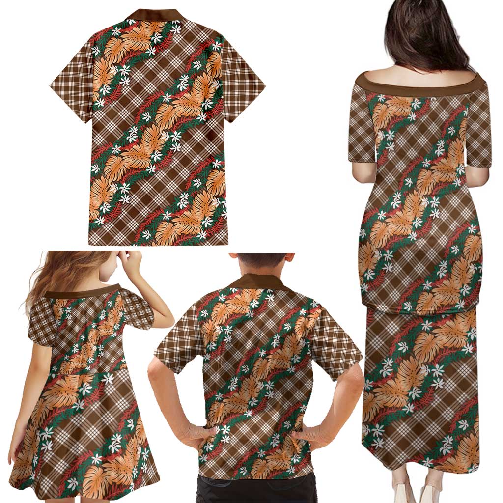 Polynesian Monstera Tiare Floral Family Matching Puletasi and Hawaiian Shirt Chocolate Brown Tropical Plaid LT01 - Polynesian Pride