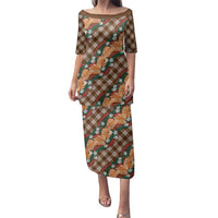 Polynesian Monstera Tiare Floral Family Matching Puletasi and Hawaiian Shirt Chocolate Brown Tropical Plaid LT01 Mom's Dress Brown - Polynesian Pride