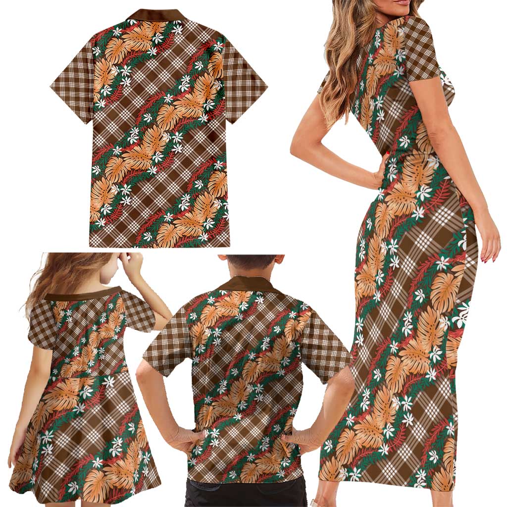 Polynesian Monstera Tiare Floral Family Matching Short Sleeve Bodycon Dress and Hawaiian Shirt Chocolate Brown Tropical Plaid LT01 - Polynesian Pride