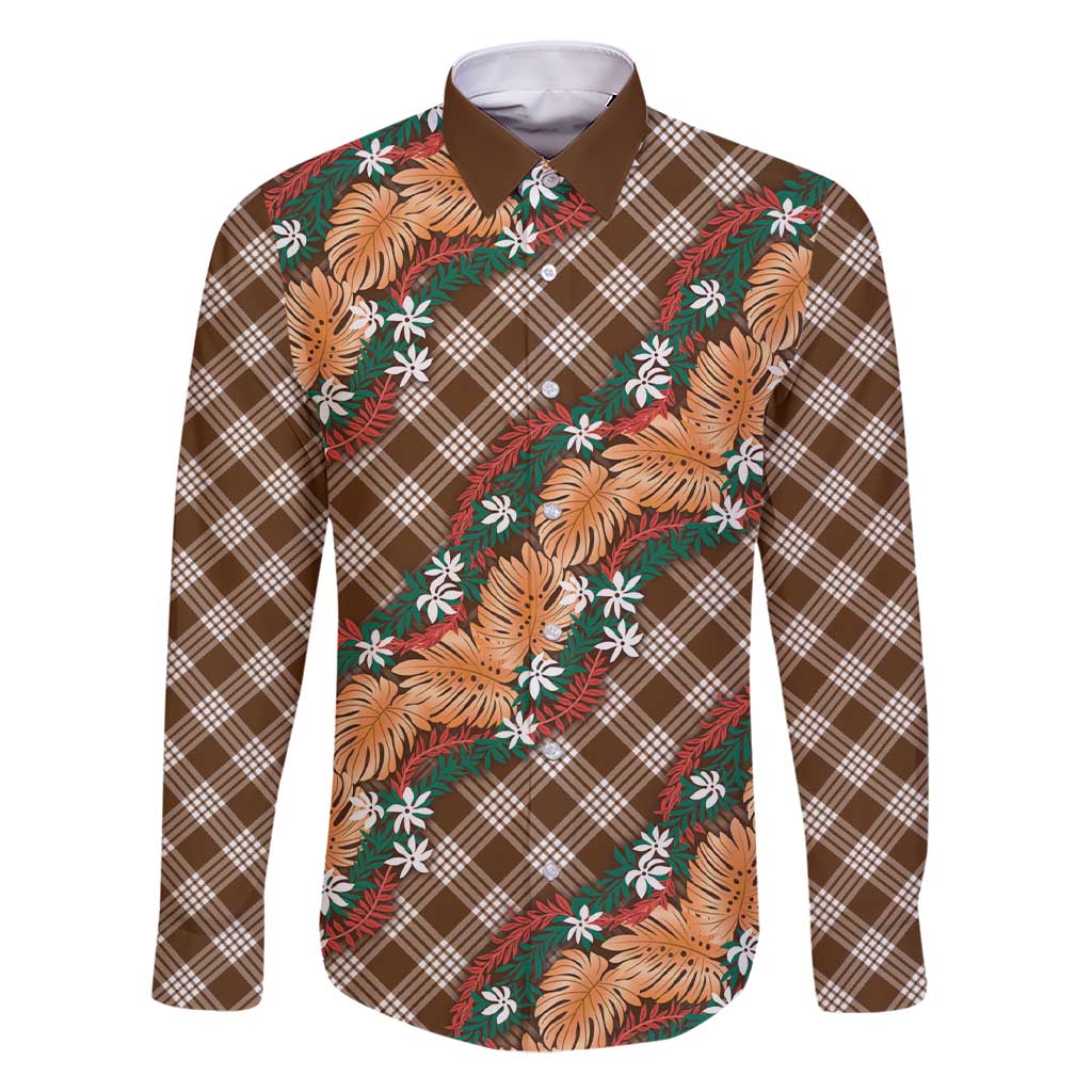 Polynesian Monstera Tiare Floral Family Matching Short Sleeve Bodycon Dress and Hawaiian Shirt Chocolate Brown Tropical Plaid LT01 Dad's Shirt - Long Sleeve Brown - Polynesian Pride