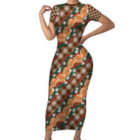 Polynesian Monstera Tiare Floral Family Matching Short Sleeve Bodycon Dress and Hawaiian Shirt Chocolate Brown Tropical Plaid LT01 Mom's Dress Brown - Polynesian Pride
