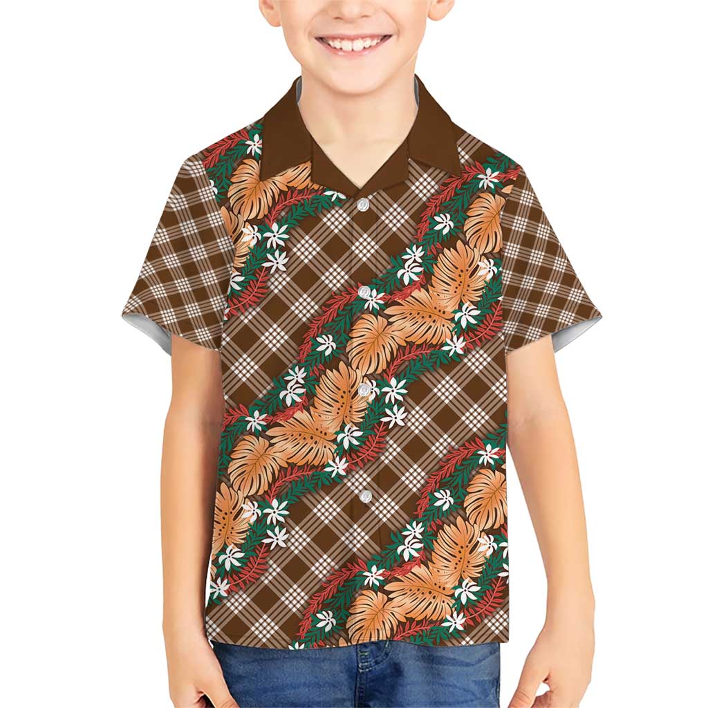 Polynesian Monstera Tiare Floral Family Matching Short Sleeve Bodycon Dress and Hawaiian Shirt Chocolate Brown Tropical Plaid LT01 Son's Shirt Brown - Polynesian Pride