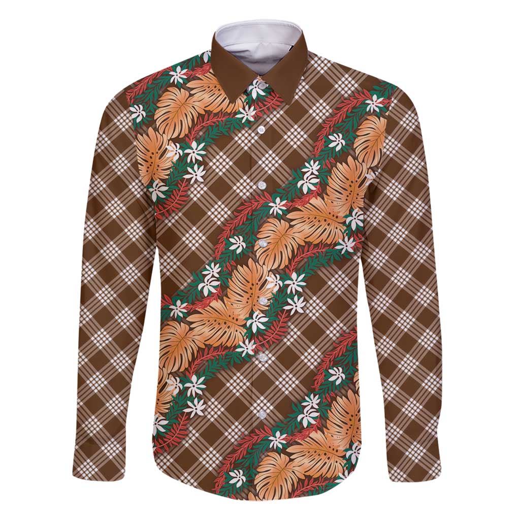 Polynesian Monstera Tiare Floral Family Matching Summer Maxi Dress and Hawaiian Shirt Chocolate Brown Tropical Plaid LT01 Dad's Shirt - Long Sleeve Brown - Polynesian Pride