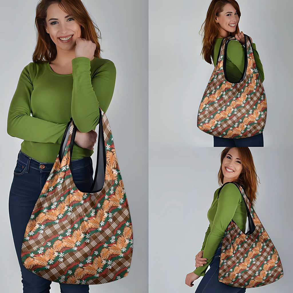 Polynesian Monstera Tiare Floral Grocery Bag Chocolate Brown Tropical Plaid - Polynesian Pride