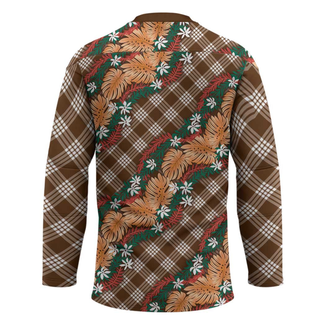 Polynesian Monstera Tiare Floral Hockey Jersey Chocolate Brown Tropical Plaid - Polynesian Pride