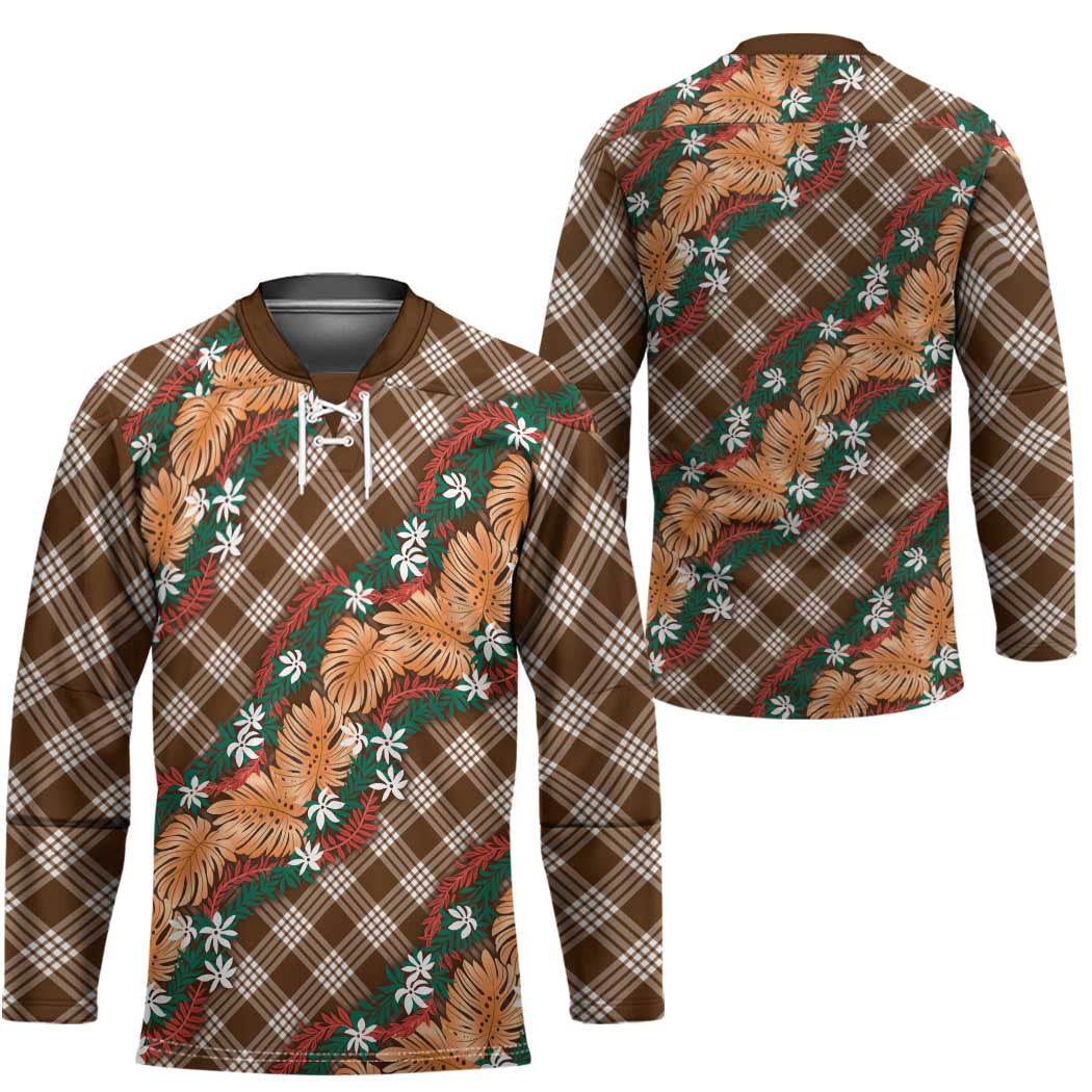 Polynesian Monstera Tiare Floral Hockey Jersey Chocolate Brown Tropical Plaid - Polynesian Pride