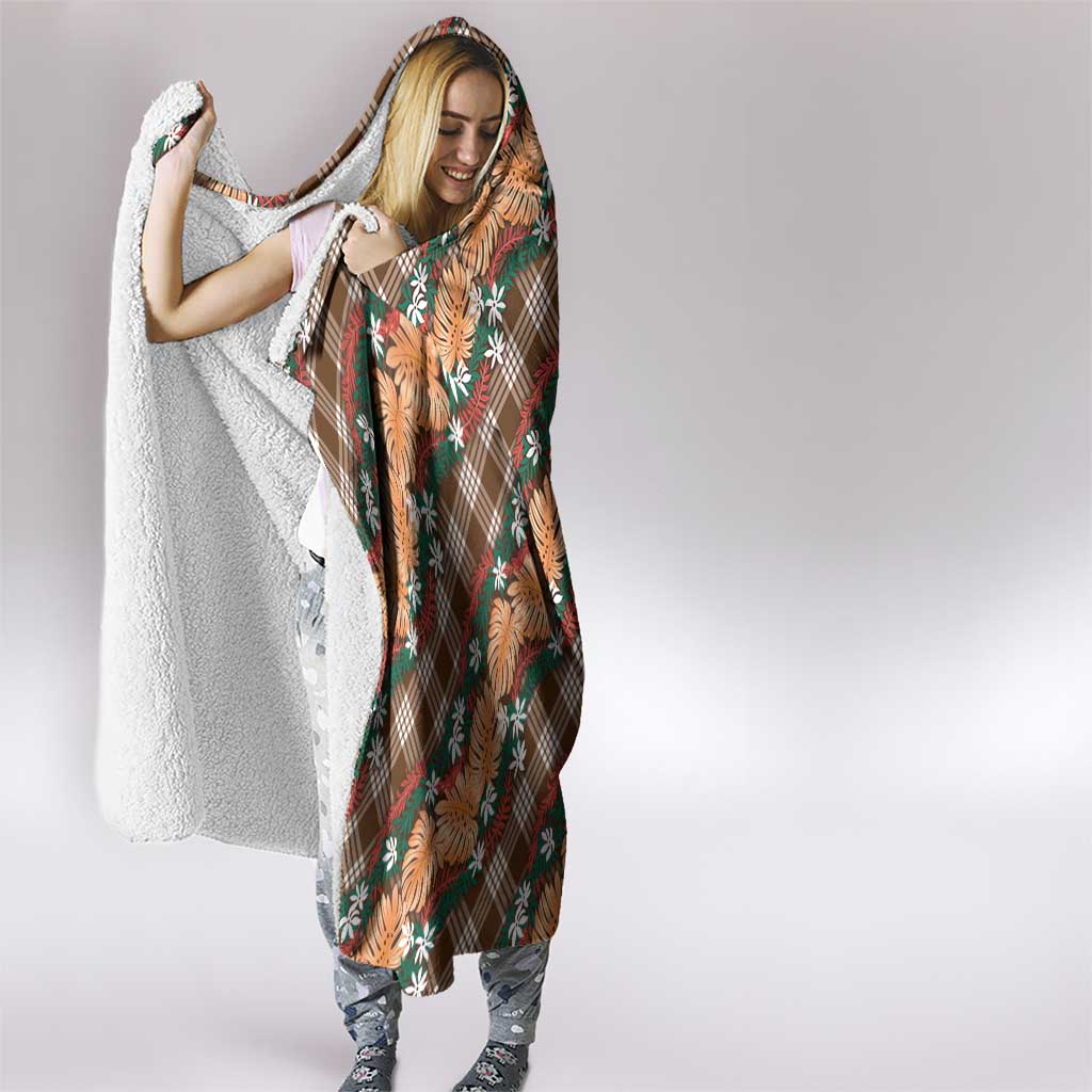Polynesian Monstera Tiare Floral Hooded Blanket Chocolate Brown Tropical Plaid - Polynesian Pride