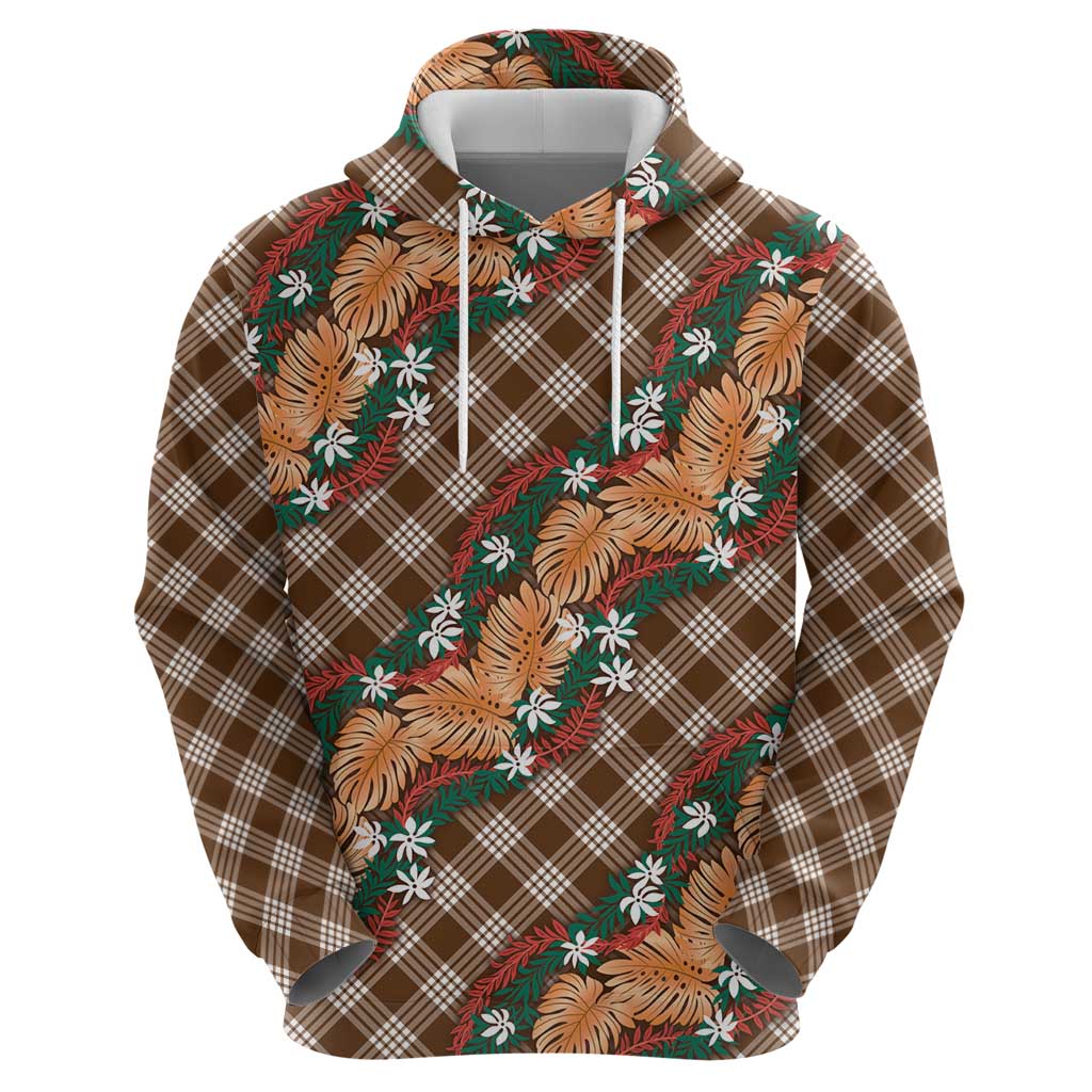 Polynesian Monstera Tiare Floral Hoodie Chocolate Brown Tropical Plaid LT01 - Polynesian Pride