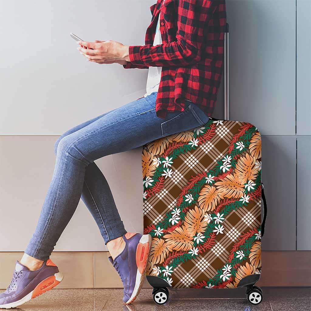 Polynesian Monstera Tiare Floral Luggage Cover Chocolate Brown Tropical Plaid - Polynesian Pride