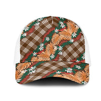 Polynesian Monstera Tiare Floral Mesh Trucker Cap Chocolate Brown Tropical Plaid - Polynesian Pride