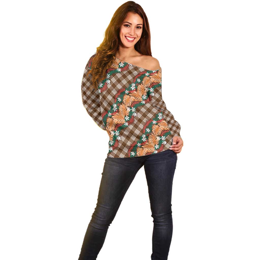 Polynesian Monstera Tiare Floral Off Shoulder Sweater Chocolate Brown Tropical Plaid - Polynesian Pride