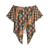 Polynesian Monstera Tiare Floral Off Shoulder Wrap Waist Top Chocolate Brown Tropical Plaid LT01 Brown - Polynesian Pride