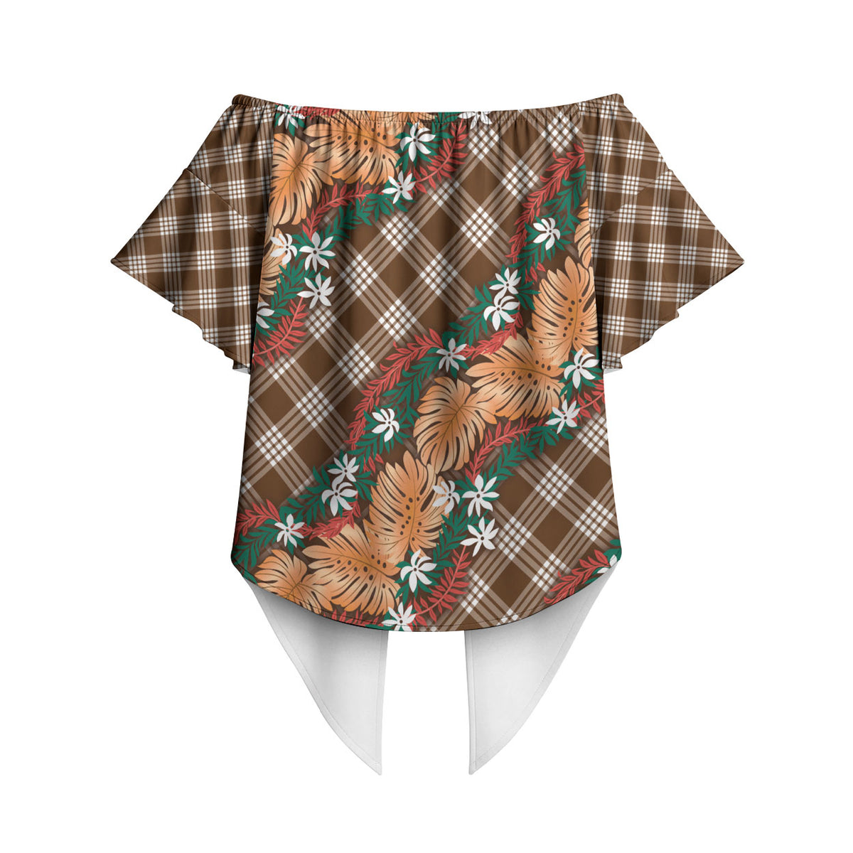 Polynesian Monstera Tiare Floral Off Shoulder Wrap Waist Top Chocolate Brown Tropical Plaid LT01 - Polynesian Pride
