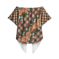 Polynesian Monstera Tiare Floral Off Shoulder Wrap Waist Top Chocolate Brown Tropical Plaid LT01 - Polynesian Pride