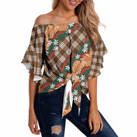 Polynesian Monstera Tiare Floral Off Shoulder Wrap Waist Top Chocolate Brown Tropical Plaid LT01 - Polynesian Pride