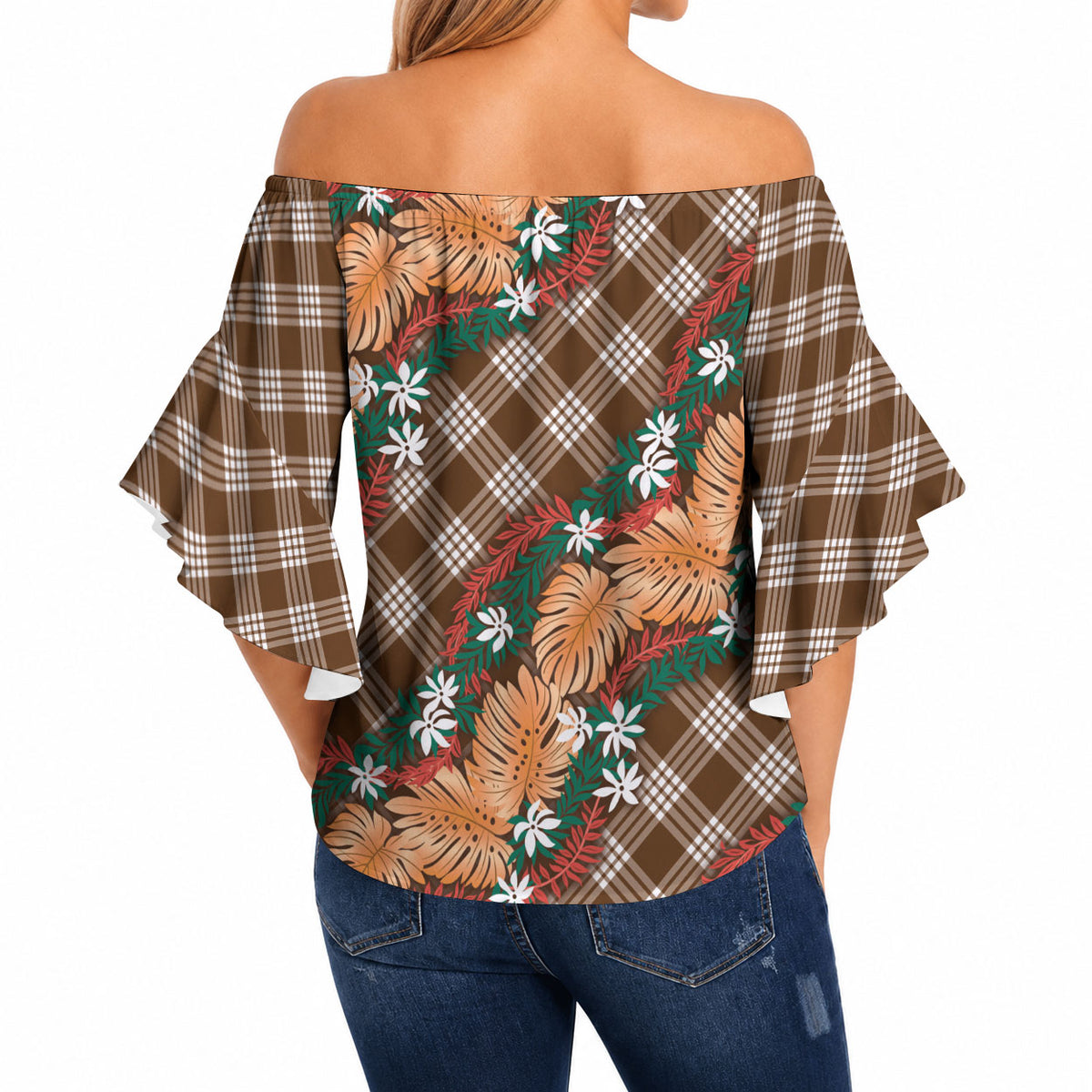 Polynesian Monstera Tiare Floral Off Shoulder Wrap Waist Top Chocolate Brown Tropical Plaid LT01 - Polynesian Pride