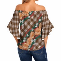 Polynesian Monstera Tiare Floral Off Shoulder Wrap Waist Top Chocolate Brown Tropical Plaid LT01 - Polynesian Pride