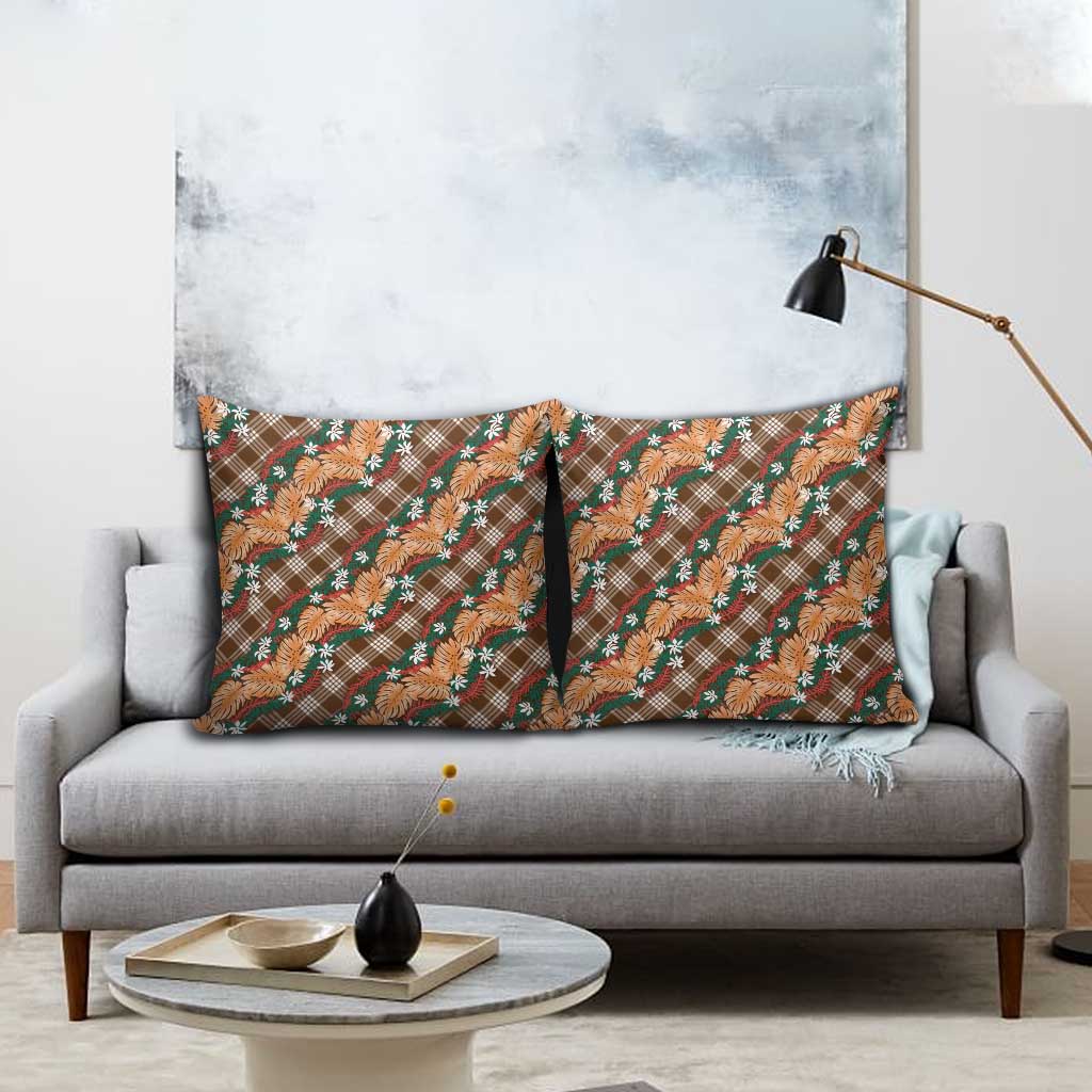 Polynesian Monstera Tiare Floral Pillow Cover Chocolate Brown Tropical Plaid - Polynesian Pride