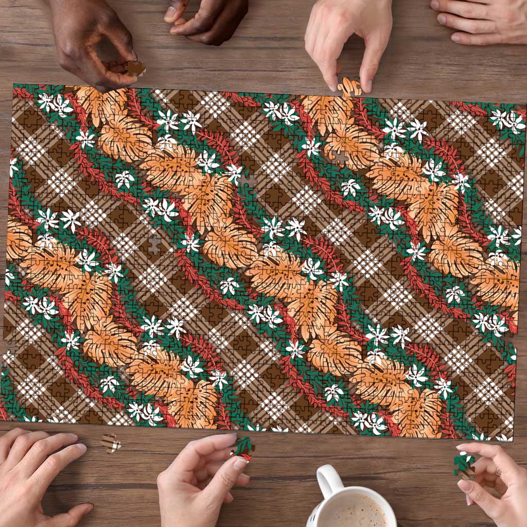 Polynesian Monstera Tiare Floral Puzzle Chocolate Brown Tropical Plaid LT01 - Polynesian Pride