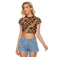 Polynesian Monstera Tiare Floral Raglan Cropped T Shirt Chocolate Brown Tropical Plaid - Polynesian Pride