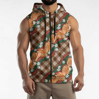 Polynesian Monstera Tiare Floral Sleeveless Zip Hoodie Chocolate Brown Tropical Plaid - Polynesian Pride