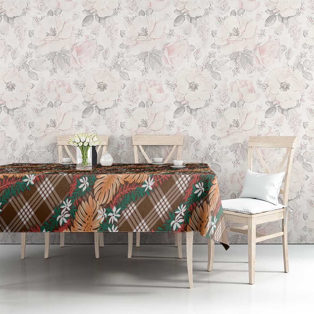 Polynesian Monstera Tiare Floral Tablecloth Chocolate Brown Tropical Plaid - Polynesian Pride