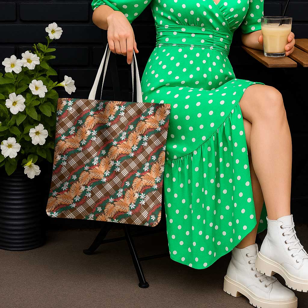 Polynesian Monstera Tiare Floral Tote Bag Chocolate Brown Tropical Plaid - Polynesian Pride