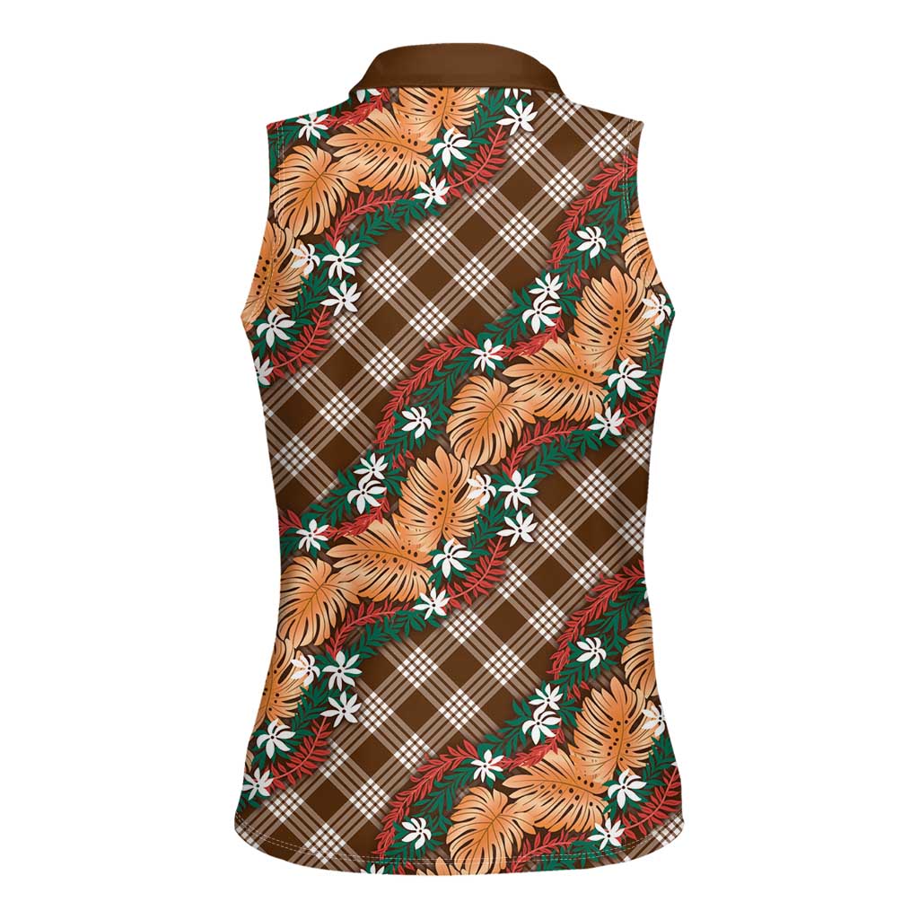 Polynesian Monstera Tiare Floral Women Sleeveless Polo Shirt Chocolate Brown Tropical Plaid LT01 - Polynesian Pride