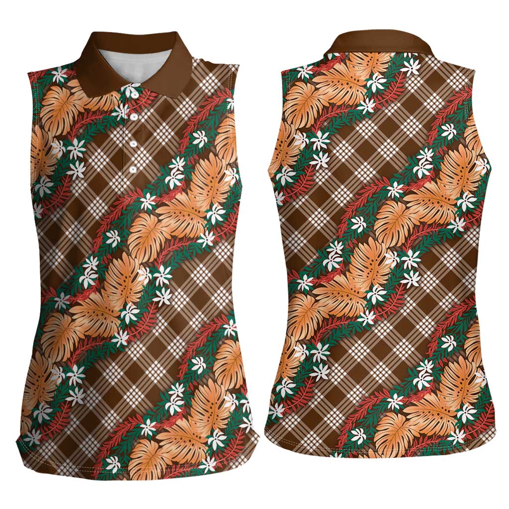Polynesian Monstera Tiare Floral Women Sleeveless Polo Shirt Chocolate Brown Tropical Plaid LT01 - Polynesian Pride
