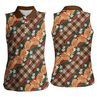 Polynesian Monstera Tiare Floral Women Sleeveless Polo Shirt Chocolate Brown Tropical Plaid LT01 - Polynesian Pride