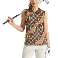 Polynesian Monstera Tiare Floral Women Sleeveless Polo Shirt Chocolate Brown Tropical Plaid LT01 - Polynesian Pride