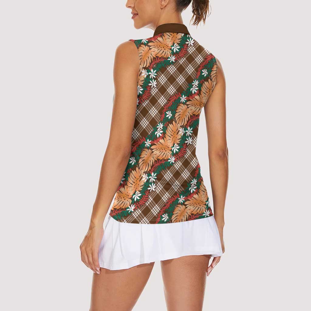 Polynesian Monstera Tiare Floral Women Sleeveless Polo Shirt Chocolate Brown Tropical Plaid LT01 - Polynesian Pride