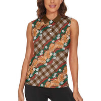 Polynesian Monstera Tiare Floral Women Sleeveless Polo Shirt Chocolate Brown Tropical Plaid LT01 - Polynesian Pride