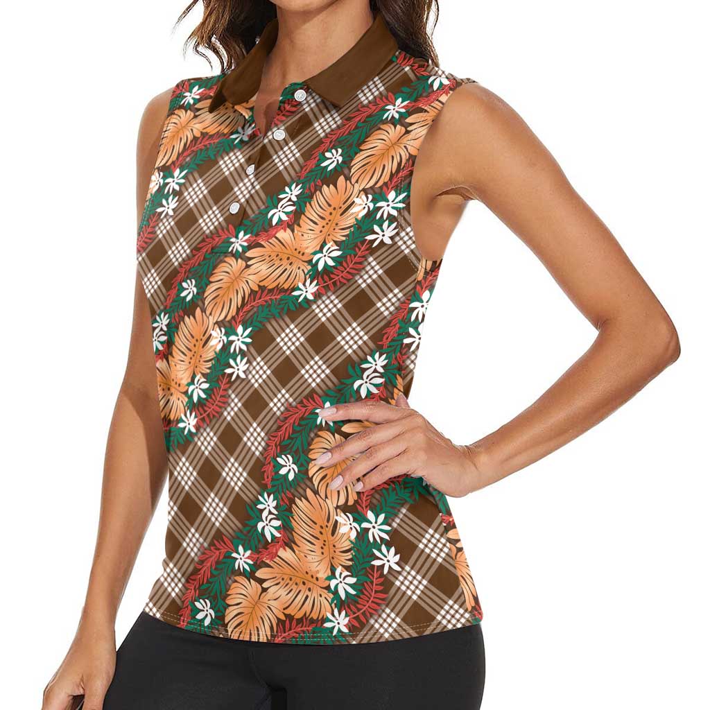Polynesian Monstera Tiare Floral Women Sleeveless Polo Shirt Chocolate Brown Tropical Plaid LT01 - Polynesian Pride
