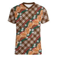 Polynesian Monstera Tiare Floral Women V-Neck T-Shirt Chocolate Brown Tropical Plaid LT01 Female Brown - Polynesian Pride