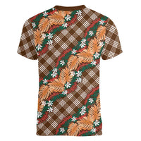 Polynesian Monstera Tiare Floral Women V-Neck T-Shirt Chocolate Brown Tropical Plaid LT01 - Polynesian Pride