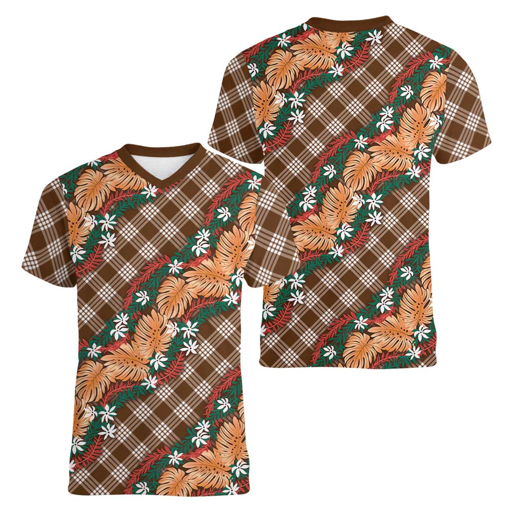 Polynesian Monstera Tiare Floral Women V-Neck T-Shirt Chocolate Brown Tropical Plaid LT01 - Polynesian Pride