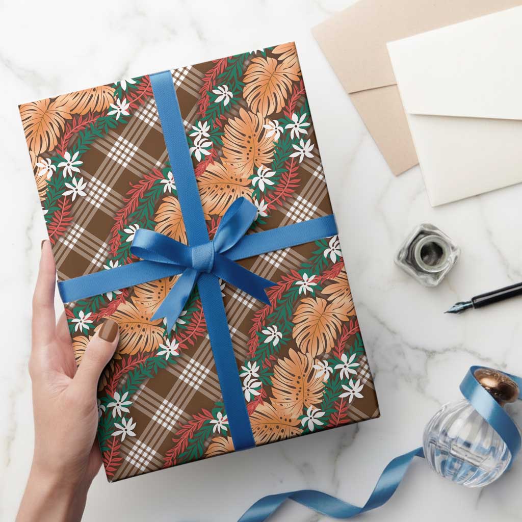 Polynesian Monstera Tiare Floral Wrapping Paper Chocolate Brown Tropical Plaid - Polynesian Pride