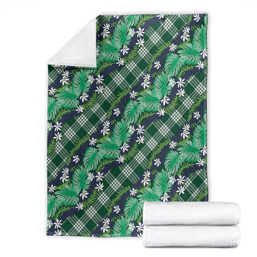 Polynesian Monstera Tiare Floral Blanket Forest Green Tropical Plaid - Polynesian Pride