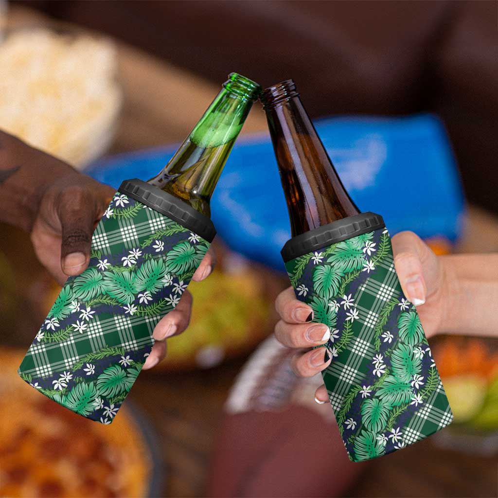 Polynesian Monstera Tiare Floral 4 in 1 Can Cooler Tumbler Forest Green Tropical Plaid - Polynesian Pride