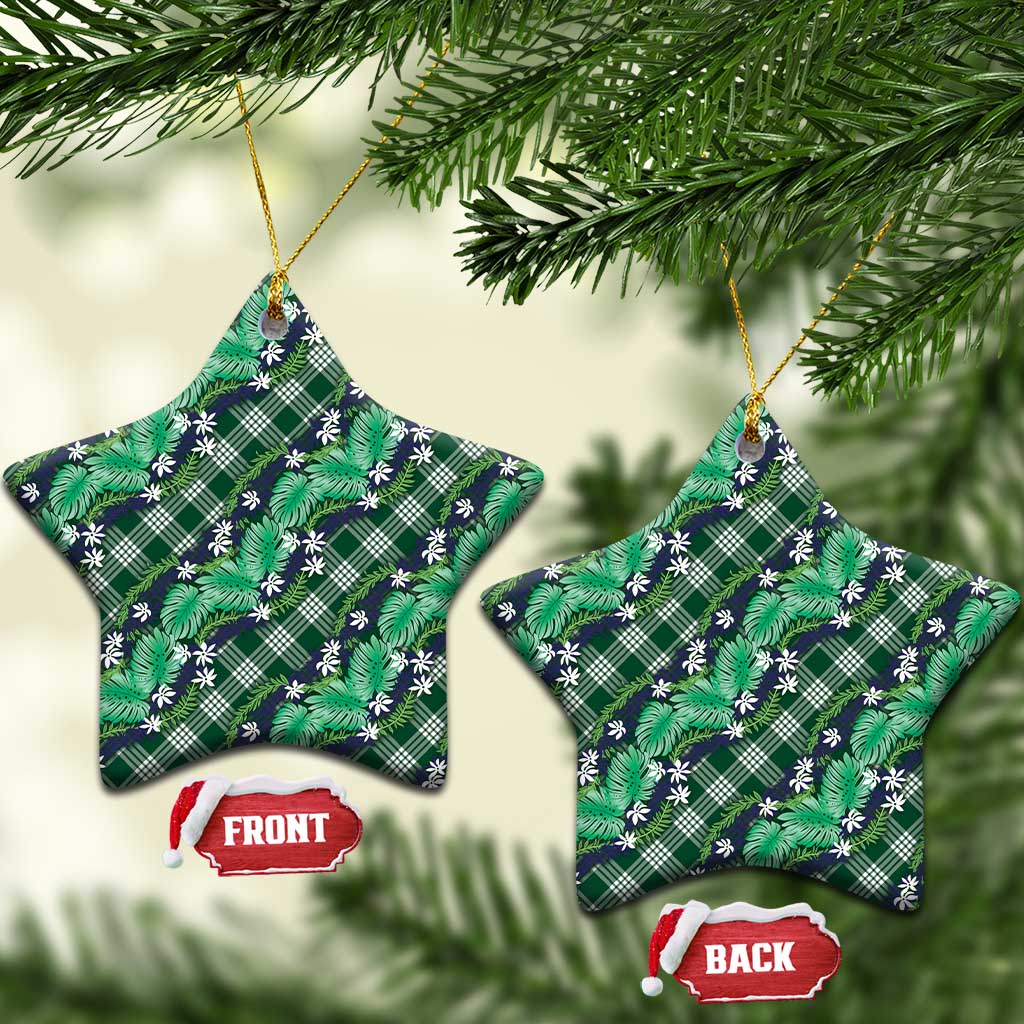 Polynesian Monstera Tiare Floral Ceramic Ornament Forest Green Tropical Plaid - Polynesian Pride