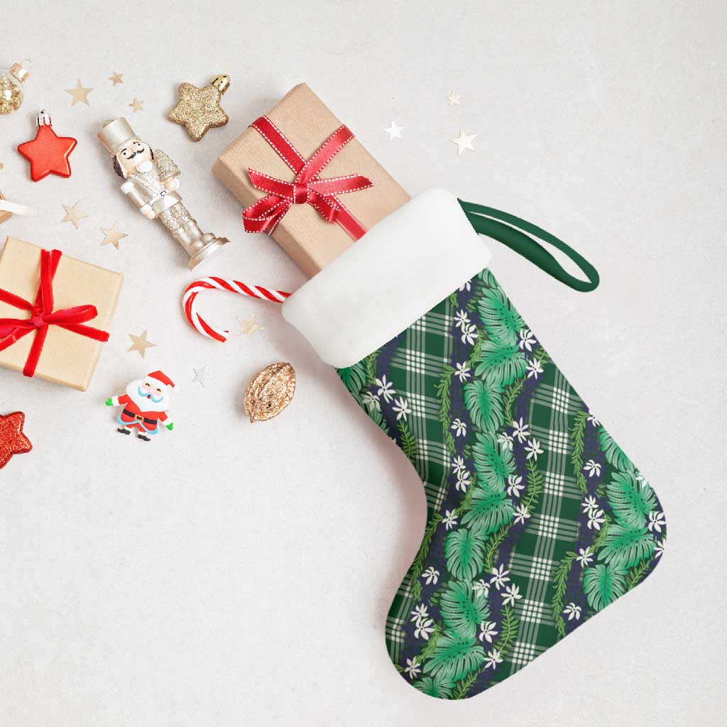 Polynesian Monstera Tiare Floral Christmas Stocking Forest Green Tropical Plaid - Polynesian Pride